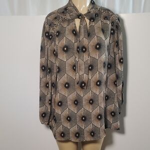 A Love Story Women's 3X Pink Black White Geo Print Blouse Tie Bow Neck